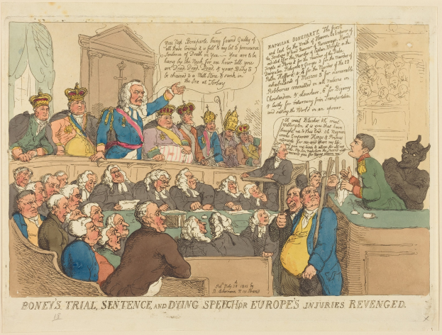 Cartoon-Illustration einer Gerichtsszene mit dem Titel 'Boney's Trial, Sentence, and Dying Speech Europe's Injuries Revenged', die eine zentrale stehende Person und sitzende Figuren mit einem Tisch voller Gegenstände auf der rechten Seite zeigt.
