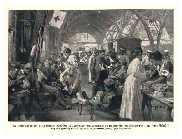 Ein Schwarz-Weiß-Foto einer Gruppe von Menschen auf einem Bahnhof, wobei einige auf Bänken sitzen und andere stehen, und ein Tisch mit verschiedenen Gegenständen auf der rechten Seite.