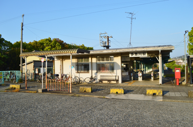 Ein Bahnhof mit Fahrrädern vorne, eine Straße unten, Häuser und Bäume im Hintergrund und einen klaren blauen Himmel.