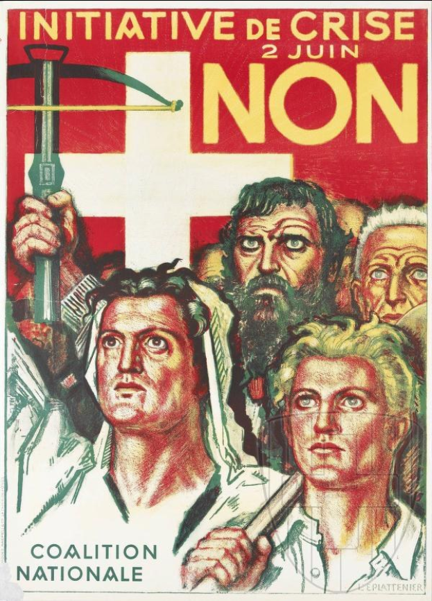 Plakat für die Coalition Nationale, eine Kriseninitiative, mit Menschen, die einen Hammer und eine Sichel halten, und Text mit organisatorischen Informationen.