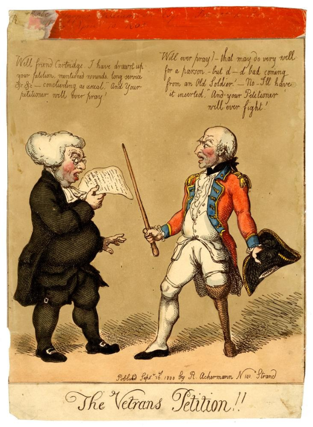 Cartoon-Illustration eines Mannes mit einem Stock und einer Frau mit einem Blatt Papier, die sich unterhalten, mit dem Text "The Veterans Petition" unten.