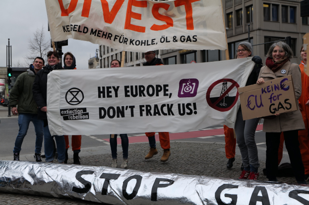 Eine Gruppe von Menschen demonstriert auf einer Straße, hält ein "Stoppt Gas"-Schild gegen die Europäische Union, mit Gebäuden, Bäumen, Pfählen und Verkehrszeichen im Hintergrund unter einem klaren blauen Himmel.