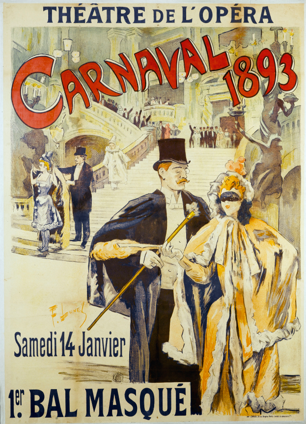 Ein Vintage-Karnevalplakat aus dem Jahr 1893, das einen Mann mit Zylinder und eine Frau in einem langen Kleid zeigt, die nebeneinander vor einem hellgelben Hintergrund stehen, mit fetter schwarzer Schrift, die das Ereignis beschreibt.