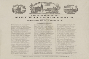 Alte Zeitung mit einem historischen Stadtbild, mit sichtbarem Text und Fotografien.