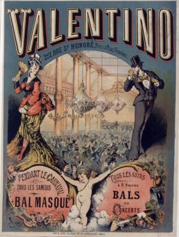 Ein Plakat, das eine Valentinstagsparty in Paris ankündigt, zeigt einen Mann mit Zylinder und eine Frau in einem langen Kleid nebeneinanderstehend, mit Veranstaltungseinzelheiten darauf geschrieben.