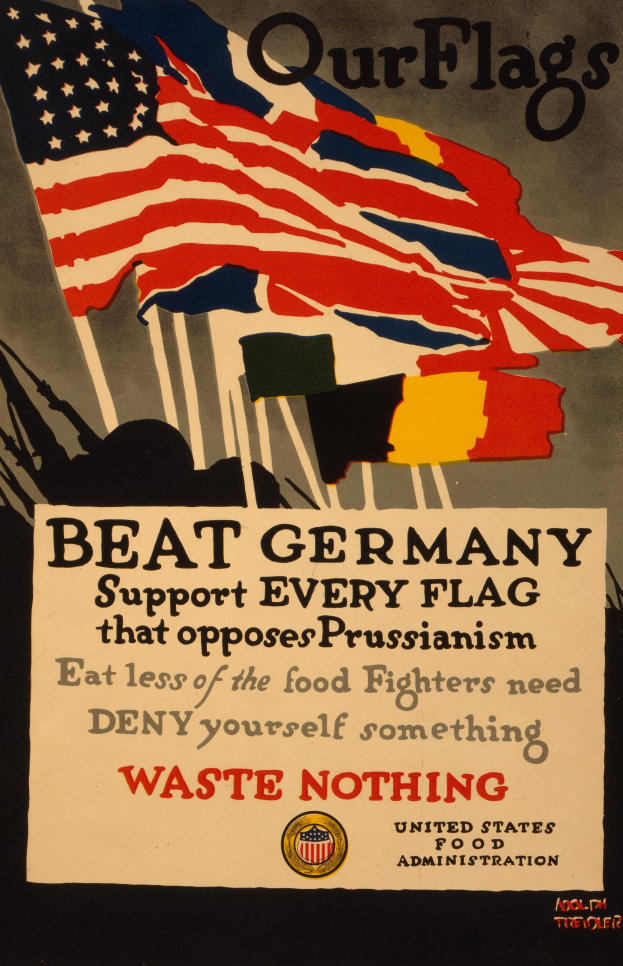 Ein Plakat mit einer rot-weiß-blauen Flagge mit einem weißen Stern und schwarzer, fetter Schrift, die lautet: "Unsere Flaggen schlagen Deutschland - Unterstützt jede Flagge, die gegen Preußentum kämpft", mit einem weißen Rand um den Text.