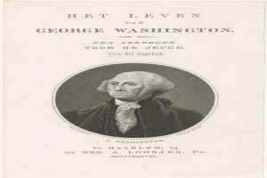 Porträt von George Washington mit ernstem Gesichtsausdruck, der einen Anzug und eine Krawatte trägt, auf einem Dokument mit sichtbarem Text.