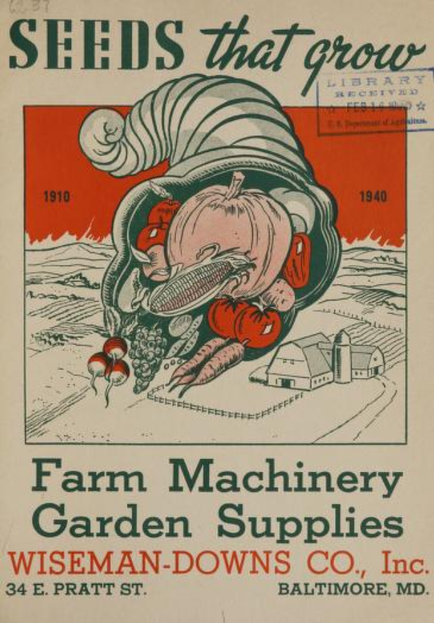 Ein Vintage-Plakat von Wiseman-Downs Co., Inc., das verschiedene Landmaschinen und Gartenzubehör, darunter Samen, zeigt, mit beschreibendem Text.