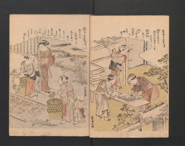 Ein aufgeschlagenes Buch namens "Utagawa Kunisada Toyokuni III/Kuniyoshi Toyokubi III/Ukiyo-e" aus der Serie *Fünfzig-drei Stationen der Tokaido*, das eine Holzschnittdarstellung von Menschen in traditioneller japanischer Kleidung zeigt, die Aktivitäten wie Schach in einem üppigen Garten mit Bäumen, Pflanzen und einem hellblauen Himmel nachgehen.