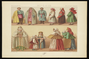 Eine Gruppe von Menschen in traditioneller russischer Kleidung posierte innerhalb eines kunstvoll gemusterten Photo-Rahmens, mit farbenfrohen Kleidern in verschiedenen Schattierungen.