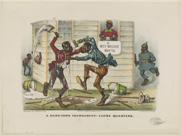 Plakat, das ein Dungeon-Turnier mit Menschen zeigt, die Gegenstände halten, verstreute Eimer, Holzstöcke und Text auf dem Boden.