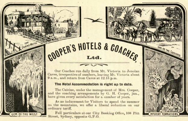 Eine Werbung für Cooper's Hotels & Coaches Ltd. mit Bildern von Gebäuden, Bäumen, einer Kutsche und Vögeln im Himmel, sowie Text, der weitere Details zum Hotel bereitstellt.