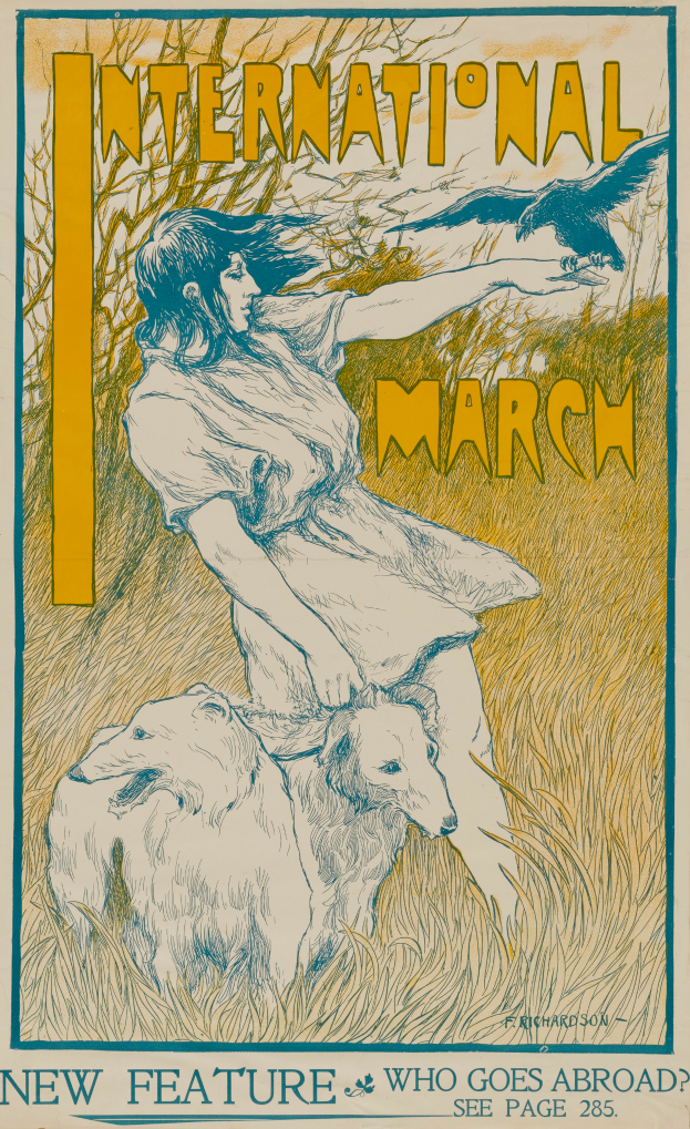 Plakat für den Internationalen März mit einer Frau mit einem menschlichen Gesicht und einem Hund, mit Text zu den Ereignissen.