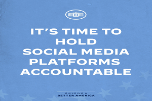 Ein Plakat mit fetter, schwarzer Schrift, die den Text 'Es ist Zeit, Social-Media-Plattformen zur Rechenschaft zu ziehen' in der Mitte eines weißen Hintergrunds zeigt, eingerahmt von einem schmalen schwarzen Rand.