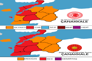 Eine Landkarte der Türkei, die in verschiedenen Farben die prozentuale Bevölkerungszahl in jedem Gebiet zeigt, mit der Anzeige "Canakkale Wahlresultate 2018".