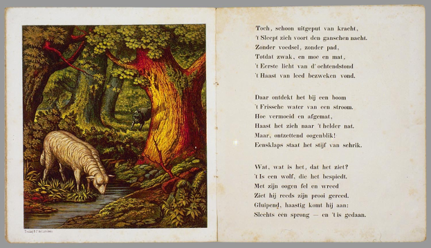 Offenes Buch mit einer Illustration eines Schafs, das in einem bewaldeten Gebiet mit Bäumen, Pflanzen und Wasser grast, neben einem Text mit der Überschrift "Die Geschichte des Schafs".