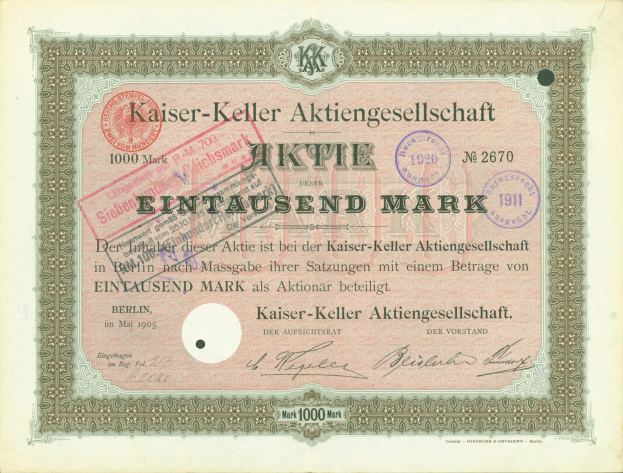 Ein altes deutsches Aktienzertifikat, das von der Kaiser-Keller Aktiengesellschaft ausgestellt wurde und Text sowie Stempel enthält.