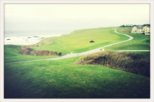 Eine Landschaftsszene mit Unkraut und Feldern im Vordergrund, einem Traktor und einem Weg in der Mitte, Häusern und Bäumen oben rechts, Wasser oben links und einem bewölkten Himmel.