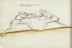 Zwei Männer streiten sich, wobei einer dem anderen eine Faust ins Gesicht schlägt, während sie auf einem Papier mit Text stehen, der die Szene beschreibt.