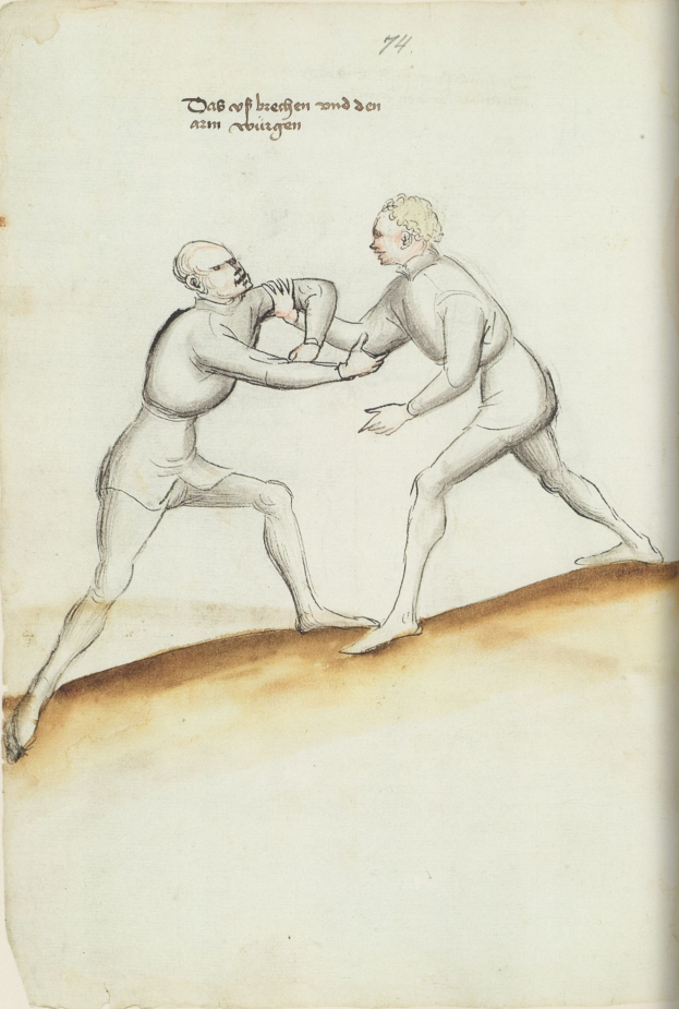 Zwei Männer streiten sich, wobei einer dem anderen eine Faust ins Gesicht schlägt, während sie auf einem Papier mit Text stehen, der die Szene beschreibt.