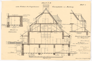 Ein detailliertes architektonisches Zeichnung eines Hauses mit zahlreichen Fenstern und einem Dach, das als erstes Haus in Deutschland gilt, begleitet von Plänen und Text auf Papier.
