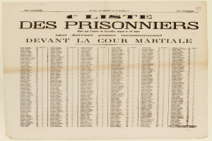 Eine alte, gelbliche Zeitung mit einer Liste von Häftlingen, die in zwei Spalten unterteilt ist, eine für die Häftlingsnummern und eine für die Namen, in schwarzer Tinte gedruckt.