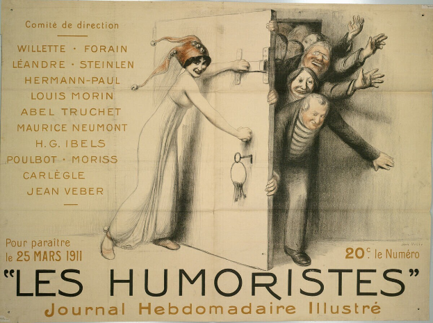 Ein Plakat an einer Gebäudewand mit einer Gruppe lachender Menschen und der Aufschrift "Les Humoristes Journal Hebdomadaire Illustré" in fetter Schrift oben drauf.