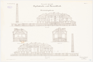 Eine Zeichnung eines mehrfenstrigen Gebäudes mit einem Schornstein, das mutmaßlich ein Psychiatriekrankenhaus in Deutschland ist, mit Text, der weitere Informationen enthält.