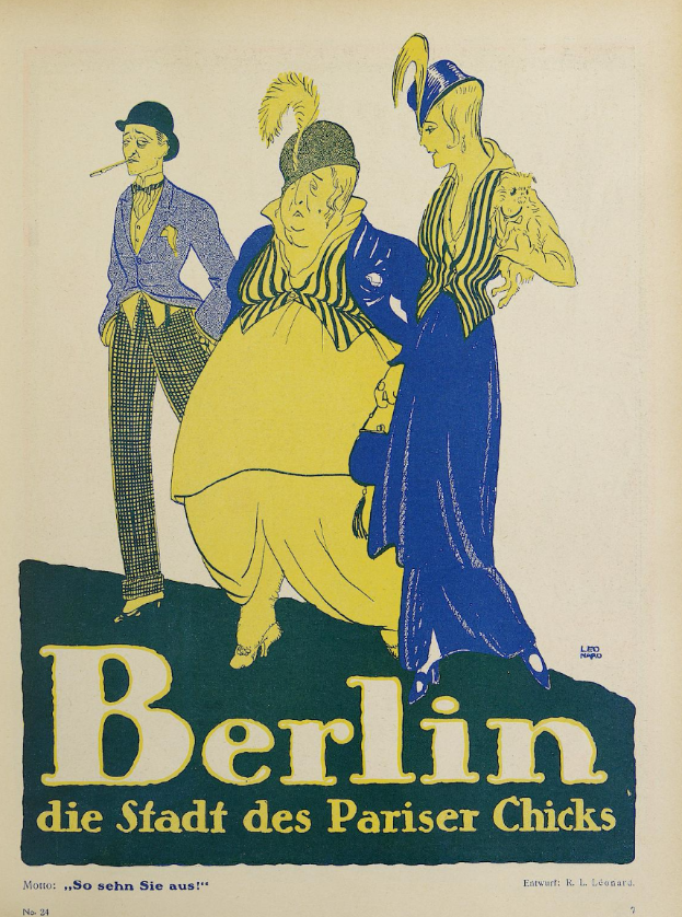 Ein Plakat für ein Konzert in Berlin, Deutschland, das eine Gruppe von Menschen in bunten Klamotten vor einem Gebäude zeigt, mit dem Text "Berlin - Die Stadt des Pariser Chicks" öberall.
