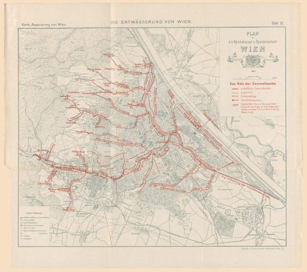 Alte Karte von Wien, Deutschland mit roten Linien, die eine Bahnroute markieren, auf Papier gedruckt mit handgeschriebener Text.