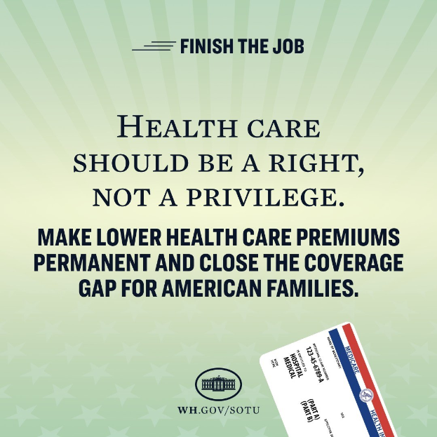 Plakat mit dem Text "Beende den Job: Gesundheit soll ein Recht sein, nicht ein Privileg" und einer Karte mit der Aufschrift "Mache niedrigere Gesundheitskosten permanent und schließe die Lücke in der Versorgung für amerikanische Familien."