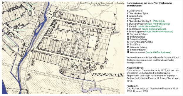 Eine detaillierte Karte von Friedrichstadt, Deutschland, mit Straßen, Gebäuden und Sehenswürdigkeiten, begleitet von Text auf der rechten Seite.