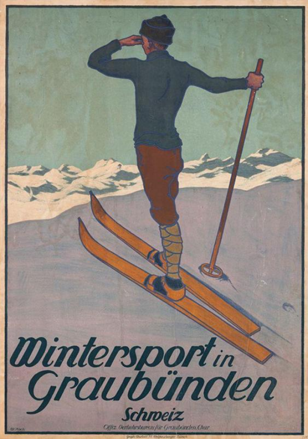 Eine Person auf Skiern mit einem Stock in der Hand vor schneebedeckten Bergen auf einem Plakat, das einen Wintersport in Graubünden, der Schweiz, bewirbt, mit Text, der Informationen zum Sport enthält.