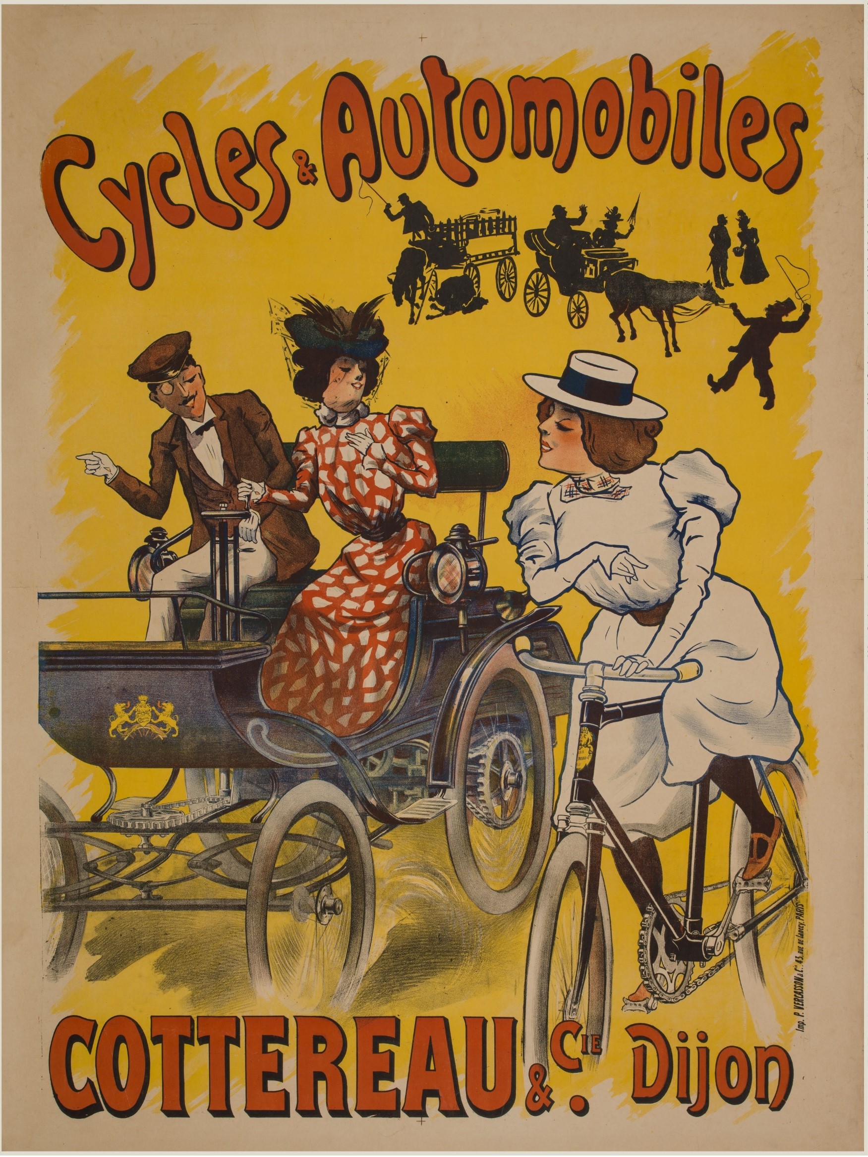 Ein Vintage-Plakat, das Fahrräder und Automobile in Cottereau und Dijon, Frankreich, bewirbt, mit Menschen, die Fahrräder fahren und eine Kutsche, mit den Worten "Fahrräder und Automobile" oben.