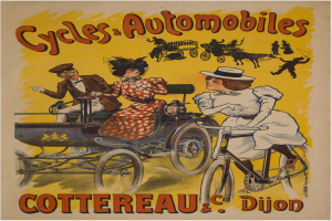 Ein Vintage-Plakat, das Fahrräder und Automobile in Cottereau und Dijon, Frankreich, bewirbt, mit Menschen, die Fahrräder fahren und eine Kutsche, mit den Worten "Fahrräder und Automobile" oben.