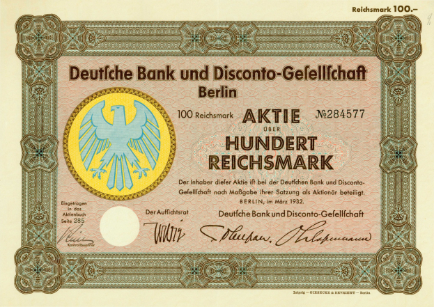 Alte deutsche Banknote mit einem Vogeldesign und der Aufschrift "Deutsche Bank und Disconto-Gesellschaft Berlin".