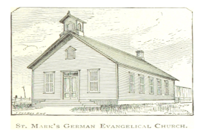 Eine Zeichnung der Deutschen Evangelischen Kirche St. Markus, die ein zentrales Haus und Text am Boden zeigt.