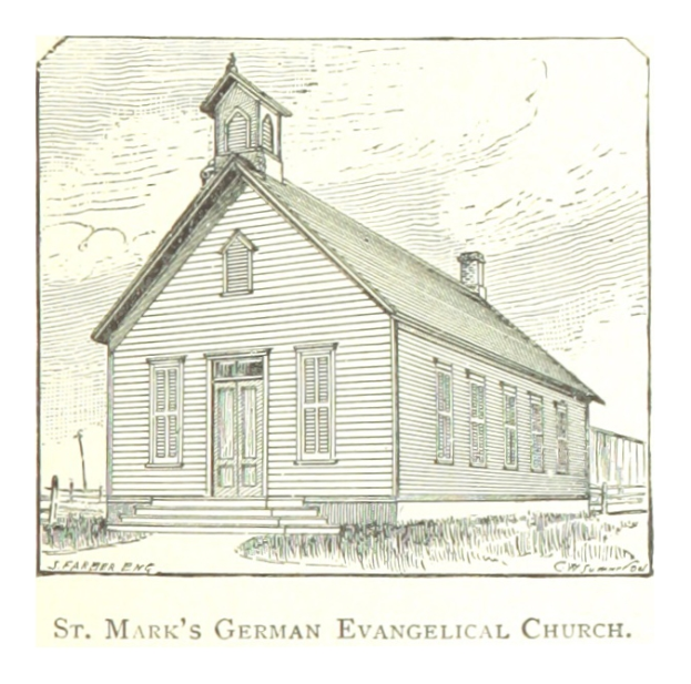 Eine Zeichnung der Deutschen Evangelischen Kirche St. Markus, die ein zentrales Haus und Text am Boden zeigt.