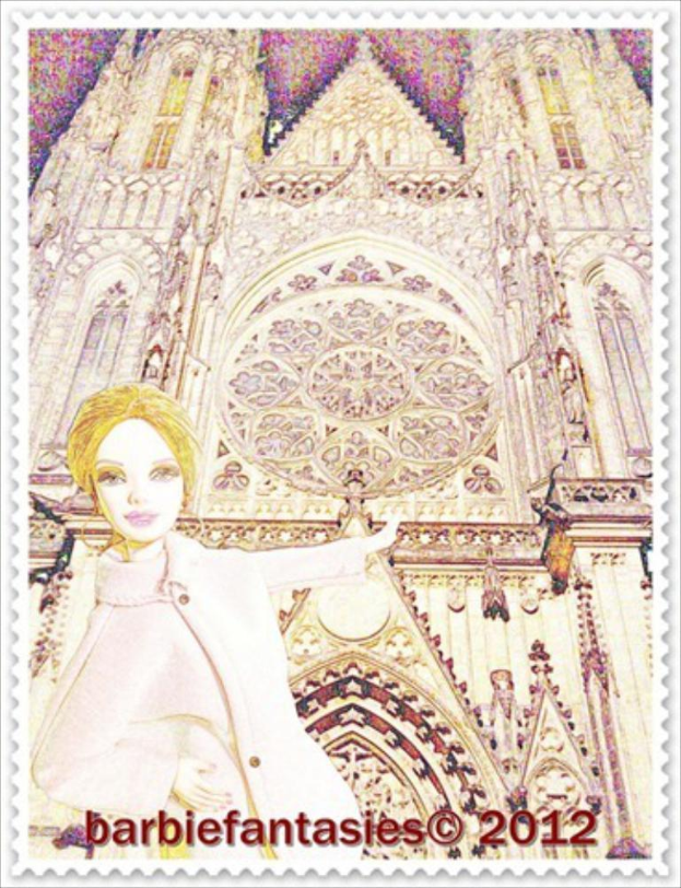 Eine Briefmarke mit einer Frau und einem Gebäude mit begleitendem Text.