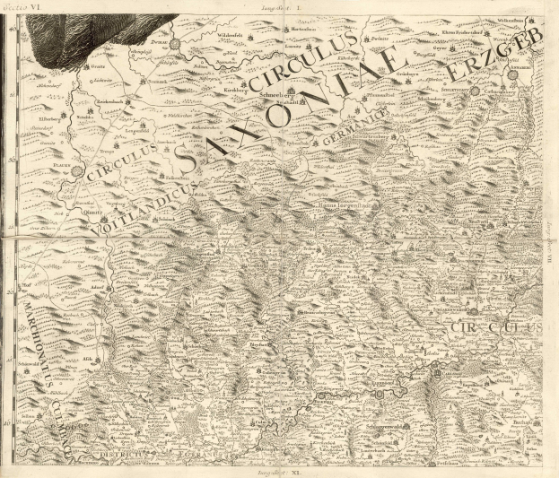 Ausführliche alte Karte von Sachsen, Deutschland, die geografische Merkmale wie Flüsse, Berge und Städte zeigt, mit begleitendem Text über die Region und ihre Bewohner.