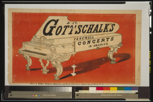 Plakat für Gott'schalk's Abschiedskonzerte in Amerika, das ein großes Klavier mit Text darauf und Farbskalen am unteren Rand zeigt.