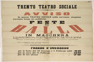 Ein altes Plakat, das ein Festival in Maschera, Italien, ankündigt, mit Text, der das Ereignis beschreibt.