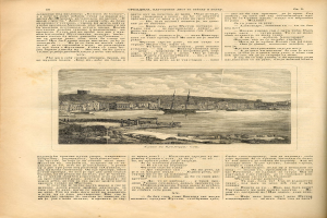 Ein aufgeschlagenes Buch mit einer Zeichnung eines Hafens, begleitet von Text und anderen Bildern, das detaillierte Informationen über den Hafen bereitstellt.