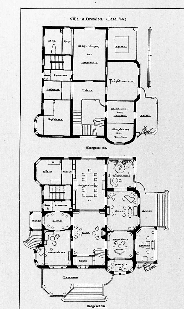 Ein Schwarz-Weiß-Bodenplan eines Hauses mit mehreren Räumen, die mit Details über die Raumanzahl und -größen beschriftet sind, mutmaßlich die Villa in Dresden, Deutschland.