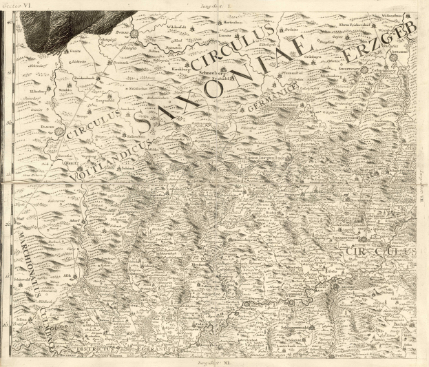 Ein detaillierter alter Plan von Sachsen, Deutschland, der geografische Merkmale wie Flüsse, Berge und Städte zeigt, mit begleitendem Text, der regionale Informationen bereitstellt.