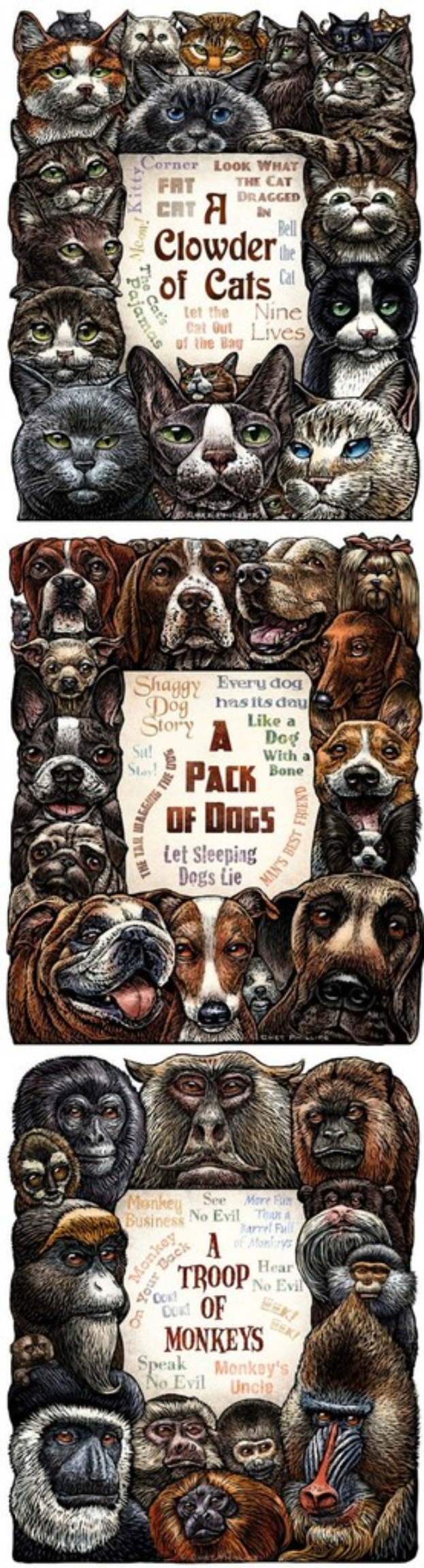 Ein Collage aus verschiedenen Tiergesichtern, jeweils aus Buchstaben und Texten von Papieren zusammengesetzt.