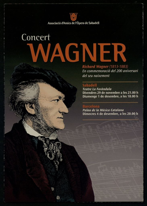 Ein Konzertplakat mit einem zentralen Porträt von Richard Wagner in einem schwarzen Anzug mit zurückgekämmtem Haar auf einem hellblauen Hintergrund mit schwarzer, fetter Schrift.