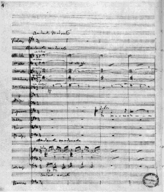 Schwarz-weißes Bild einer Notenrolle mit der Aufschrift "Johann Sebastian Bach - Symphonie Nr. 4 in G-Dur, Op. 63" und einem Stempel in der rechten unteren Ecke.