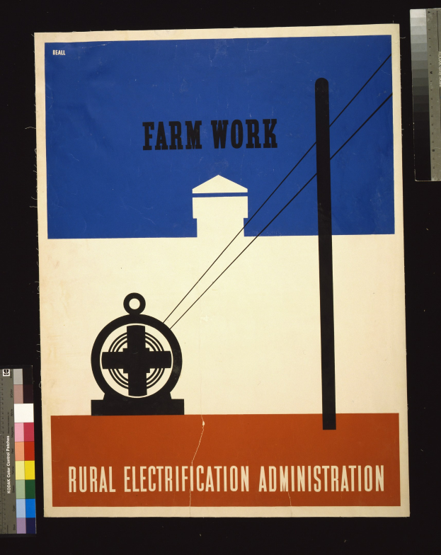 Plakat mit fettem schwarzem Text "Landwirtschaftliche Arbeit Elektrische Energie" auf einem weißen Hintergrund, eingerahmt von einem schmalen schwarzen Rand, mit einer Grafik eines Bauernhofs mit einem Traktor und einem Stall.