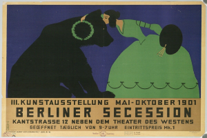 Plakat für die Berliner Secession mit einer Frau in einem grünen Kleid und einem Mann in einem schwarzen Anzug mit Textbeschreibung des Ereignisses.